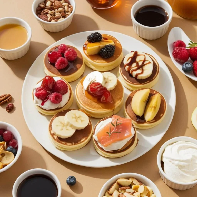 A plate of mini pancakes with various toppings, including fresh berries, banana slices, Nutella, caramelized fruits, cream cheese with smoked salmon, and more, surrounded by bowls of syrups, nuts, and fruits.