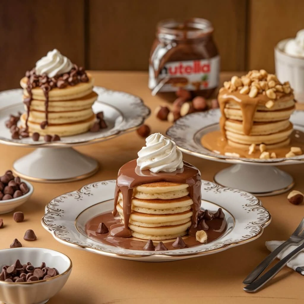 Mini pancakes topped with decadent chocolate drizzle and whipped cream, Nutella with hazelnuts, and peanut butter with crushed peanuts, served on elegant plates.
