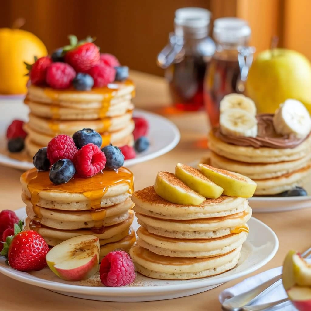 A plate of mini pancakes topped with fresh berries and maple syrup, caramelized apple slices with cinnamon, and banana slices with Nutella. Syrup jars and fruits are in the background.