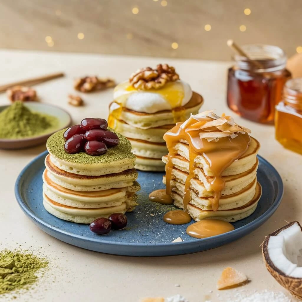 Mini pancakes with unique international toppings: matcha powder and sweet red bean, Greek yogurt with honey and walnuts, and dulce de leche with toasted coconut.