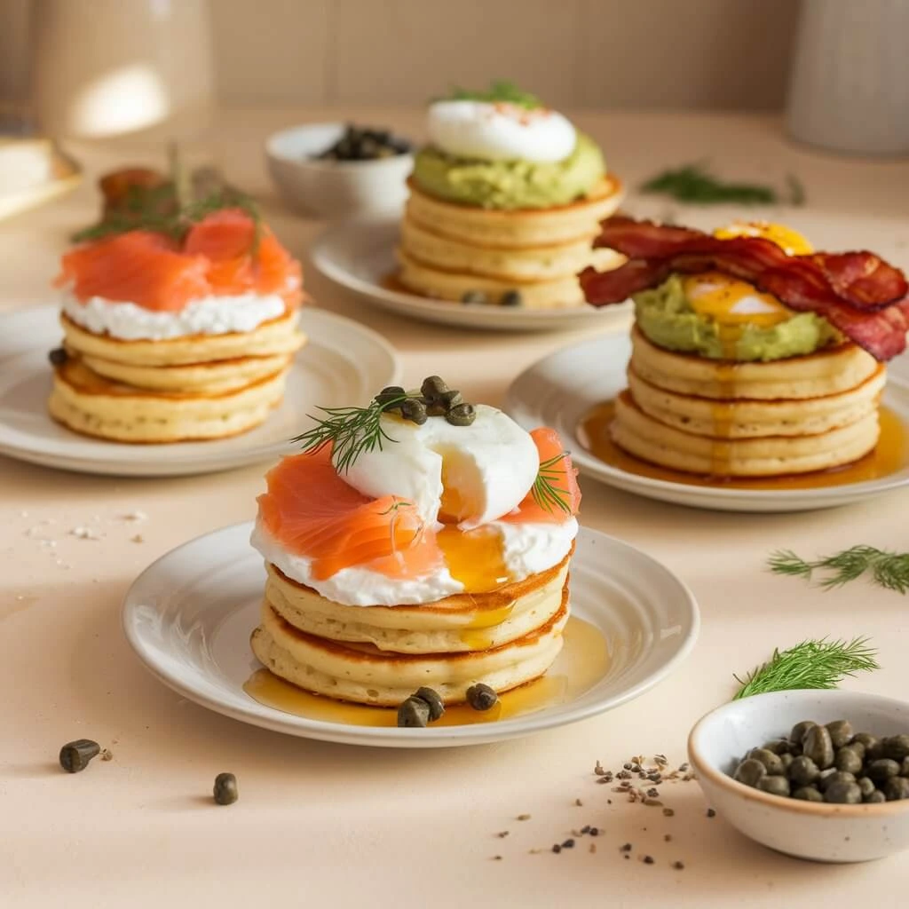 Mini pancakes topped with savory options: smoked salmon and cream cheese with dill and capers, poached egg and avocado, and crispy bacon with maple syrup.