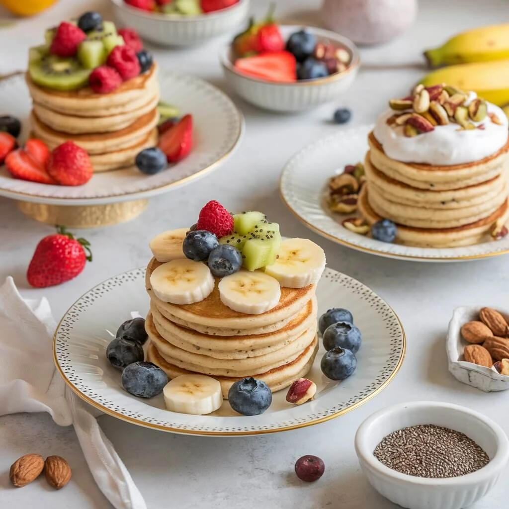 Mini pancakes topped with healthy options: fresh fruits like banana, kiwi, and berries, chia seeds, and Greek yogurt with mixed nuts, served on elegant plates.