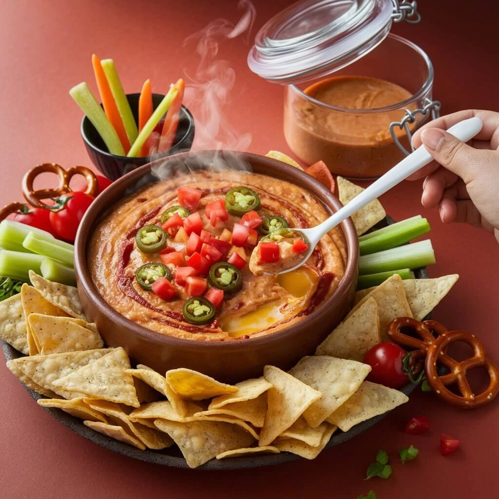 A steaming hot Rotel Dip Recipe served in a rustic brown ceramic dish, garnished with diced tomatoes and jalapeños, surrounded by tortilla chips, pretzels, and fresh vegetable sticks. A spoonful of dip is being scooped, while a sealed glass jar with stored dip sits in the background.