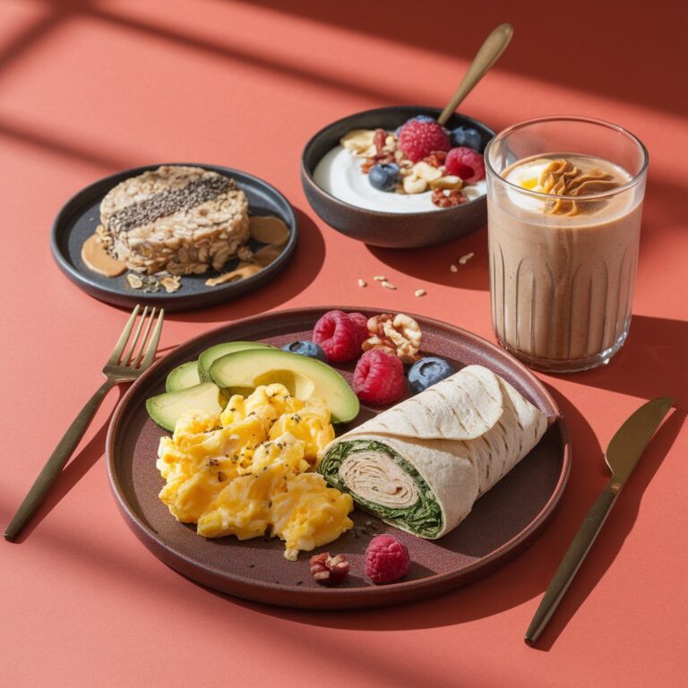 A beautifully plated high protein breakfast, featuring scrambled eggs with avocado, a turkey and spinach wrap, Greek yogurt with mixed nuts and berries, a protein smoothie, and high protein oatmeal with chia seeds and almond butter, set against a warm red-orange background.