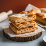 A stack of golden, flaky gluten-free puff pastry on a rustic wooden board, highlighting delicate layers with a light dusting of flour in a cozy kitchen setting.