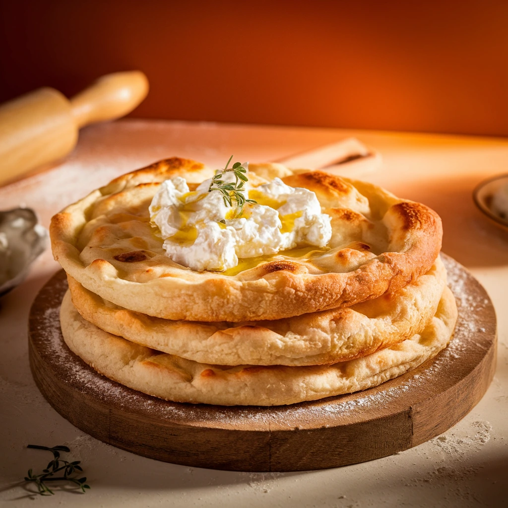 A stack of golden-brown cottage cheese flatbread on a wooden board, topped with fresh cottage cheese, a drizzle of olive oil, and thyme, against a warm red-orange background.