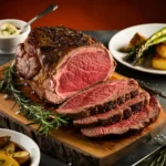A perfectly cooked ribeye roast sliced into thick, juicy portions, showcasing a well-seared crust and tender, pink interior. The roast is garnished with fresh rosemary and coarse sea salt, placed on a rustic wooden board. In the background, roasted potatoes, asparagus, and a bowl of garlic butter complement the dish, set against a warm red-orange (#c85040) background.