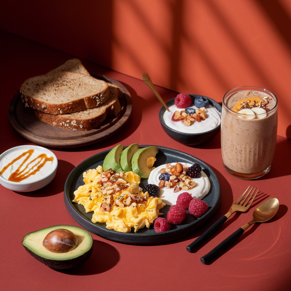 A beautifully plated high protein breakfast featuring scrambled eggs with avocado, Greek yogurt topped with nuts and berries, and a protein smoothie with banana and peanut butter, set against a warm red-orange background.