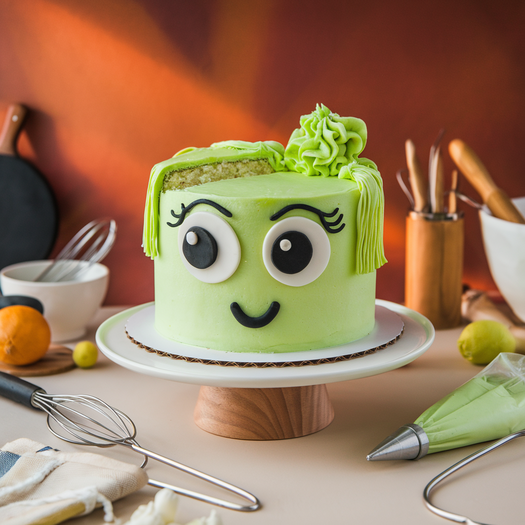 A whimsical Nanalan Cake inspired by Mona from the Nanalan' TV show, featuring smooth green buttercream, large fondant eyes, a curved black fondant smile, and a tuft of yellow piped frosting hair. The cake sits on a white cake stand in a cozy kitchen with a warm red-orange background, surrounded by baking tools, a piping bag filled with green frosting, and fresh ingredients. A slice is cut out, revealing a soft and fluffy interior, making this cake a nostalgic and fun dessert for fans of the show.